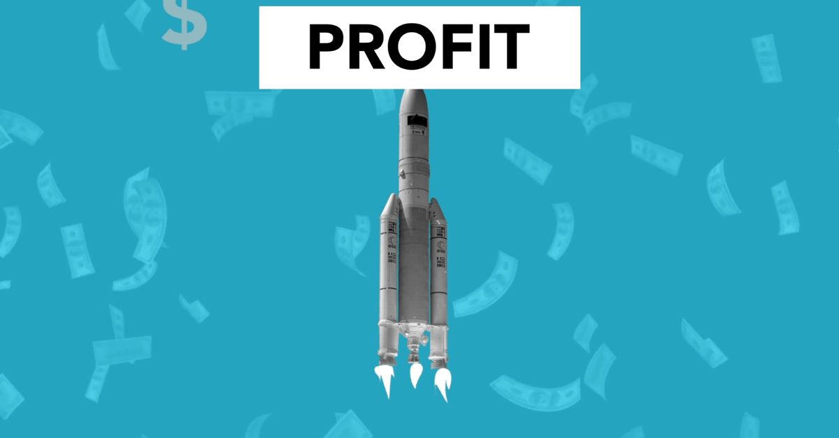 Creative illustration representing economic profit concept with flying rocket among falling dollar cash